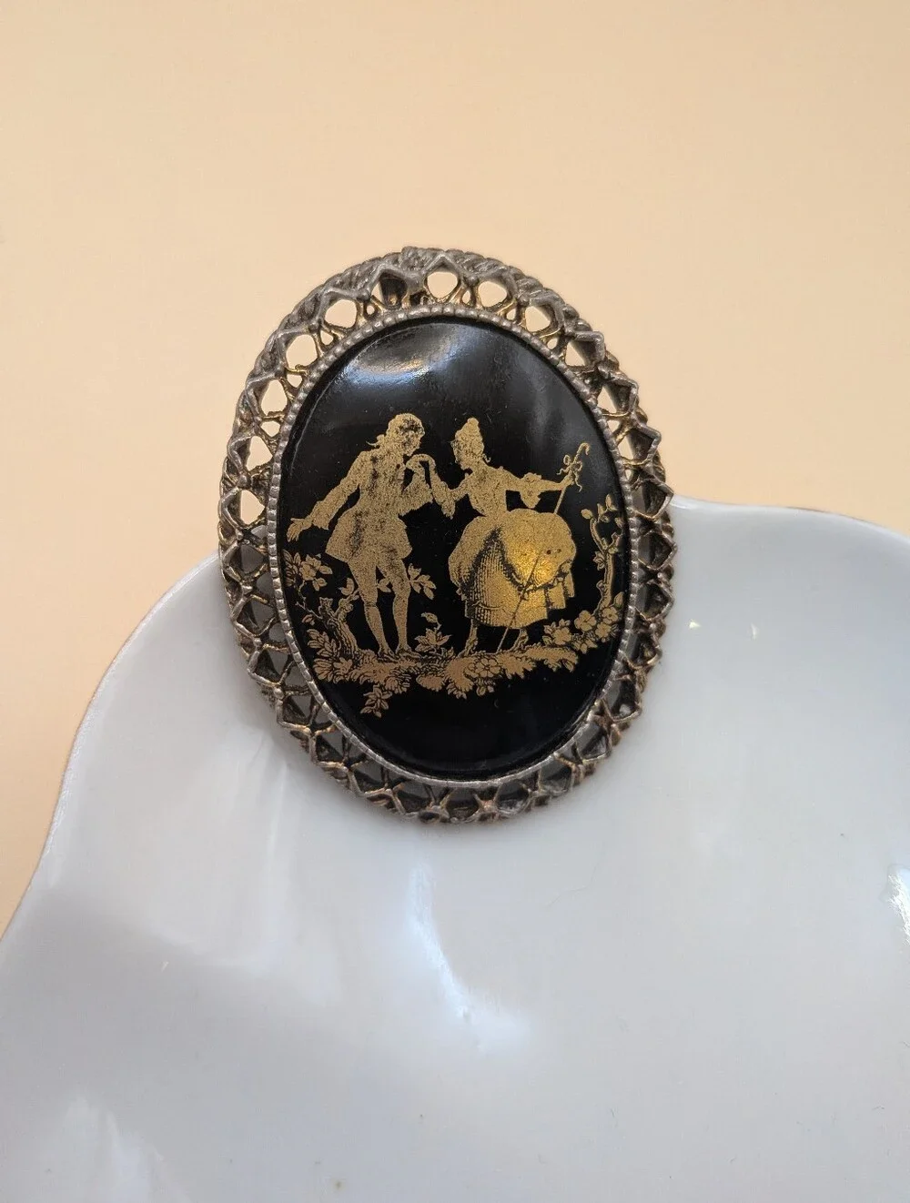 Vintage Victorian Black and Gold Romantic Silhouette Brooch Convertible Pendant